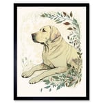 Labrador Retriever Dog Lying in Field Modern Linocut Illustration Art Print Framed Poster Wall Decor 12x16 inch
