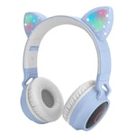 Yurlgst Kids Headphones,Cat Ear Bluetooth Headphones with Led Light, SD Card Slot, FM Radio,3.5mm Audio Jack,Wireless/Wired Foldable Kids On Ear Headphones for Boys Girls Adults(Light Blue)