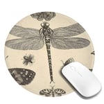 Round Mouse Pad Game Mouse Pad Office Custom Black Dragonfly Sketch with Stitched Edge Waterproof Non-Slip Rubber Base
