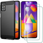 AOYIY For Samsung Galaxy M31S Case With Screen Protector, Soft Slim Flex TPU Silicone Case + [2 PACK] HD Tempered Glass Screen Protector For Samsung Galaxy M31S (Black)