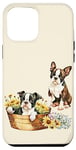 iPhone 15 Plus Boston Terrier Puppies in Floral Wicker Basket Case