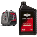 Briggs & Stratton 030801 Petrol Portable Inverter Generator PowerSmart Series P2400, 2400 Watt/1800 Watt Clean Power, Grey & 100008E 4-Stroke Lawn Mower Engine Oil SAE30, 2.0 Litre