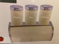 Stainless Steel Cream Enamel Front Bread Bin and Tea/Coffee/Sugar Canister Jar Set 4 pcs