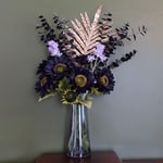 Artificial Flower Arrangement 80cm Artificial Purple Sunflower and Gold Leaf Display in Glass Vase