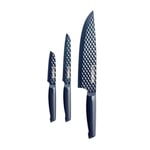 Blue Diamond Sharp Stone Non-Stick Stainless Steel Cutlery, 3 Piece Knife Set, 20cm Chef, 13cm Serrated, 9cm Pairing, Anti-Rust, Easy Release Diamond Texture Blade, Japanese Knife, Blue