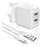 Dual USB 24W Wall Charger compatible with iPad Pro, iPad Air iPad mini, iPhone 5, iPhone 6, iPhone 7, iPhone 8 with 2 meters (6.6ft) nylon braided certified Sync & Charge USB cable (White)
