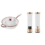 Tower T800003RW Linear Induction Saute Pan With Lid, Non Stick Cerasure Coating, White And Rose Gold, 2.6 Litre, 28 cm & T847003RW Electric Salt and Pepper Mills, White, 5.6 x 5.6 x 22.5 cm