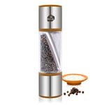 Salt and Pepper Mills Grinder 2 in 1 , Dual Salt and Peppercorn Spice Grinder with Adjustable Coarseness， Brushed Stainless Steel and and Clear Acrylic Body