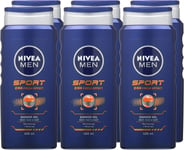6 x 400ml NIVEA MEN Sport Shower Gel Refreshing Body Wash Lime Scent 