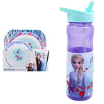 Disney II Frozen Kids Tableware 3 Piece Reusable PP Plate – for 24 Months & Up & Frozen Water Bottle with Straw – Reusable Kids 600ml PP – in Purple, Multi Colour