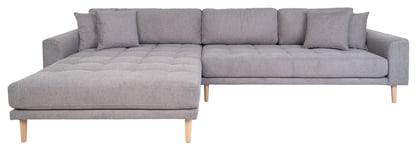 House Nordic Lounge sofa m. venstrevendt chaiselong, Lysegrå puter og ben i naturlig tre