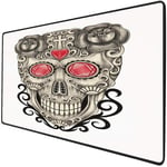 Mouse Pad Gaming Functional Day Of The Dead Decor Thick Waterproof Desktop Mouse Mat Gothic Love Themed Skull Head with Hearts and Oriental Details,Beige and Red Non-slip Rubber Base