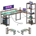 ODK Bureau d'angle Informatique Réversible de avec Bibliothèque, Bureau avec Long Support de Moniteur Réglable (Brun Vintage, 155cm avec LED & 2 Prises de Courant)