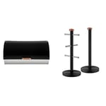 Tower T826000RB Bread Bin, Rose Gold Linear Collection, Black and Rose Gold, 20 x 41 x 27 cm & T826002RB Linear Kitchen Roll Holder and Mug Tree Black and Rose Gold, 15 x 15 x 36.5 cm