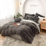 Sacebeleu Winter Double Duvet Cover Set Grey Plush Faux Fur Fluffy Fleece Thermal Warm Quilt Cover with 2 Pillowcases,Long Pile Blanket Throw Bedding Set