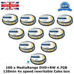 100 x MediaRange DVD+RW 120min 4x speed Blank Discs 4.7GB Rewritable Cake Box HQ