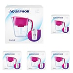 AQUAPHOR Water Filter Jug Smile, Space-saving, Lightweight Fridge door fit 2.9L Capacity 1 X A5 350L Filter Included Reduces Limescale Chlorine & Microplastics, Cyclamen Pink (Pack of 5)