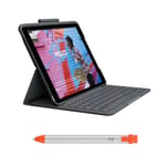 Logitech Slim Folio keyboard case for iPad (7th gen - 2019 | 8th gen - 2020 | 9th gen - 2021) + Logitech Crayon digital pencil for all iPads (2018 releases and later) - QWERTY UK - Graphite