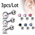 3pcs/lot Rhinestone Tragus Helix Bar Cartilage Piercing Earring White One Size