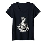 Womens Vintage Rockabilly Rebel Biker Girl Messy Bun Glam Rock V-Neck T-Shirt