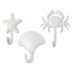SUPERFINDINGS 3pcs Wooden Ocean Theme Wall Hooks White Crab Starfish Shell Shape for Towel Robe Coat Hat Hooks Hangers Key