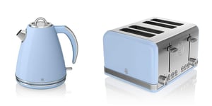 1.5L 3000W Fast Boil Kettle and Toaster Set Blue  SWAN Kitchen Retro Set 4 Slice