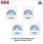4 x Philips DVD+RW 120min 4x Speed Blank Media Discs 4.7GB Rewritable Sleeve