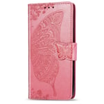 Fatcatparadise Compatible with Samsung Galaxy S20FE / S20 Lite Case [With Tempered Glass Screen Protector], [Kickstand] Flip Elegant Pressed Flower Butterfly PU Leather Protective Case (Pink)