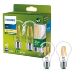 Philips Ultra Efficient - Ultra Energy Saving Lights, 40W, E27, A60, Clear Glass, Warm White Light, 2700 Kelvin, dimmable, 2-Pack