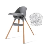 Twistshake Chaise Haute Bébé – Chaise Haute Grise en Bois de Hêtre + Coussin de Chaise Haute Blanc avec Ceinture de Sécurité 5 Points et Plateau Amovible – Coussin certifié Oeko-Tex – 0-4 ans
