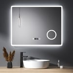 Miroir led de salle de bain avec anti-buée 90x70cm avec horloge et 3x Loupe Miroir Maquillage, Interrupteur Tactile - Meykoers