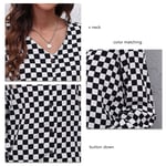 Sleeve Button Down Shirt Ruffles V Shirt (Black And White Checkerboard L) BST