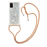 MRSTER Lanyard Phone Case for Samsung A71, Bling Glitter Quicksand Liquid Sparkle Silicone TPU Case Cover With Crossbody Necklace Cord Strap for Samsung Galaxy A71. LP Love Silver
