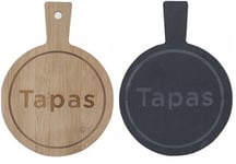 Set Of 2 Tapas Boards 1 Slate & 1 Bamboo Wood Serving Board With Handle 14cm
