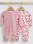 JoJo Maman Bebe Girls 2-Pack Love Heart Sleepsuits - Pink, Pink, Size 3-6 Months
