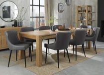 Bentley Designs Turin Light Oak 6-10 Seater Extending Dining Table with 8 Cezanne Dark Grey Faux Leather Chairs - Black Legs