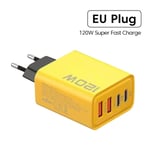 Total 120W Snabbladdare Typ C Snabbladdning 3.0 USB-laddare Adapter för iPhone Samsung Xiaomi PD USB-laddare Snabbladdningsplugg EU Yellow