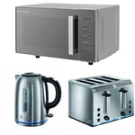 Russell Hobbs Easi Family Digital Microwave, 23 L with Buckingham Quiet Boil Kettle, 1.7 L, 3000 W and Buckingham 4 Slice Toaster - Brushed Stainless Steel Silver