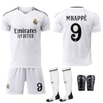 24-25 Real Madrid Hemma Barn Vuxen Fotbollströja Jersey Nr.9 Mbappé With socks+kneepad 28