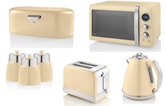 Swan Retro Cream Jug Kettle 2 Slice Toaster Microwave Bread Bin & Canisters Set