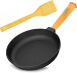Poêle en fonte de 22 cm de 43 mm de haut avec manche en bois- Poele ronde avec spatule - Poêle à frire à induction - Convient pour barbecue à gaz, four, foyer et tous feux dont induction