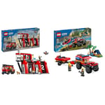 LEGO City La Caserne et Le Camion de Pompiers, Jouet de Figurine de Chien et 5 Minifigurines & City Le Camion de Pompiers 4x4 et Le Canot de Sauvetage, Jouet pour Garçons et Filles Dès 5 Ans