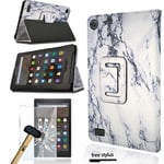 FINDING CASE For Amazon Fire 7 Tablet Alexa Case,Fire 7" Alexa(7th & 5th Generation 2017 2015 Releases) - PU Leather Smart Folding Stand Cover &Tempered Glass Screen Protector Guard Cover (Marble)