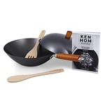 Ken Hom Carbon Steel Wok Set, 31cm, Classic, Non-Induction/Wooden Handle/Flat Base Pan, Includes Wok Pan with Lid, Wooden Wok Utensils and Recipe Book, KH331051