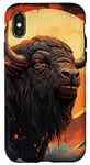 Coque pour iPhone X/XS Anime bison / bœuf noir orange lune montagnes taureau animal art