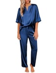 Ekouaer Satin Pyjama Femme Pyjama Set Femme Soie Nuit Pjs Sets Sleepwear,Bleu Marine,XXL
