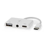 Nedis USB Multi-Port Adapter | 3-i-1 | USB 2.0 | USB-C™ Hane | USB-A Hona / USB-C™ Hona / 3.5 mm Hona | 480 Mbps | 0.10 m | Rund | Nickelplaterad | PVC | Vit | Låda