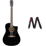 Fender CD-60SCE Dreadnought Electro Acoustic Guitar, Black & 2" Black Polyester Guitar Strap With Red Logo