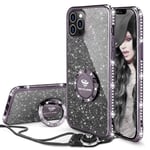 OCYCLONE Case for iPhone 12 Pro Max, Glitter Diamond Kickstand Phone Case with Ring & Lanyard Designed for Girls Women, Bling Protective Cover Case for Apple iPhone 12 Pro Max 6.7 inch - Black