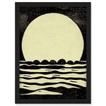 Doppelganger33 LTD Retro Moonrise Over Sea Black And White Linocut Illustration Artwork Framed A3 Wall Art Print